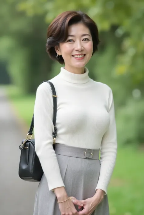 Beautiful Japanese middle-aged woman standing in the park (45 years old: 1.4), Black short hair ,Elongated Legs, Elegant laugh wrinkles: 1.2, and charming smile 。Perfect Body。 Sharp Face Details , amazing beauty (ultimate beauty),female announcer。 ...