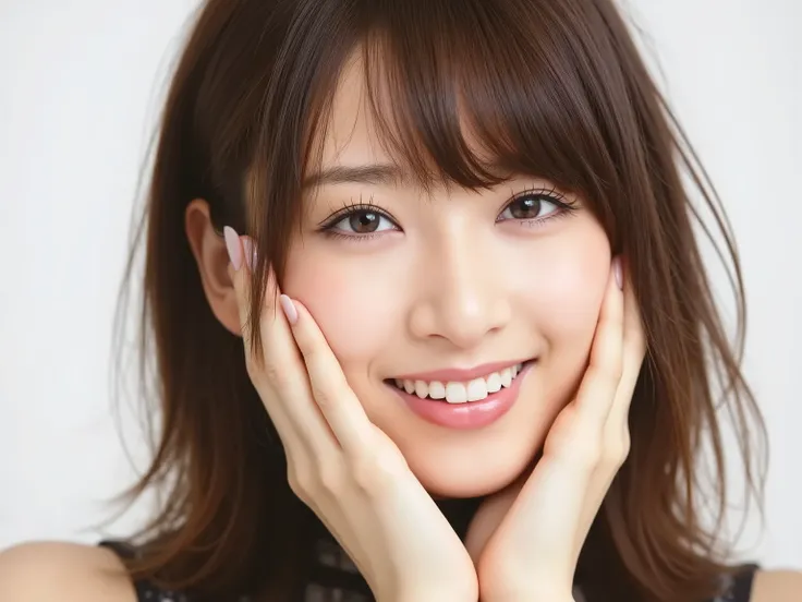 (Refined from an old photo, recreated in a modern, ultra high-quality photorealistic style, with a trendy Reiwa-era hairstyle: soft semi-long hair with natural waves and airy see-through bangs), 
Ultra photorealistic close-up portrait of a beautiful Japane...