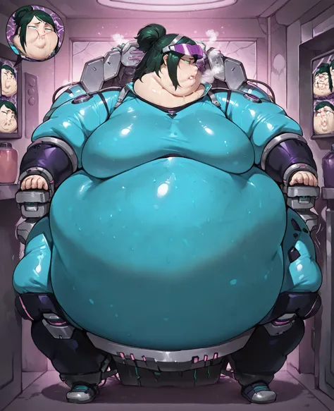 masterpiece, best quality, newest, absurdres, highres, 1girl, solo, inkoILL, green hair, green eyes, ponytail, mature female, round face, breasts, plump,,,, ,chubby cheeks,masterpiece, best quality, female, overweight, blobface, chubby cheeks, morbidly obe...