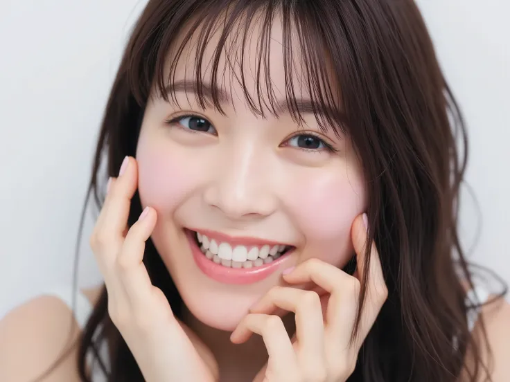 (Refined from an old photo, recreated in a modern, ultra high-quality photorealistic style, with a trendy Reiwa-era hairstyle: soft semi-long hair with natural waves and airy see-through bangs), 
Ultra photorealistic close-up portrait of a beautiful Japane...