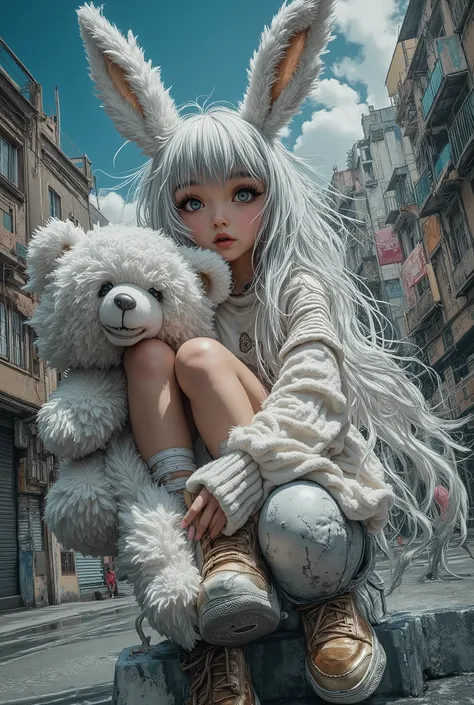 A whimsical soft digital painting, masterpiece, high quality, Oil Painting, Hyper-realistic, Low-angle urban portrait of a stylish tween angel with long white hair in the middle of a city street. She is wearing metalic gold high-top sneakers adidas, ripped...