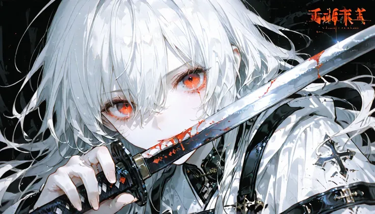 White Skin and Hair Color , very beautiful woman writing a book, Long Wavy White Hair, White Split, Red Eyes ,her hair is sacred white, In her hands、and {x} has a bloody longsword with Japanese characters written on it, Godlike Perspective, Confident Expre...