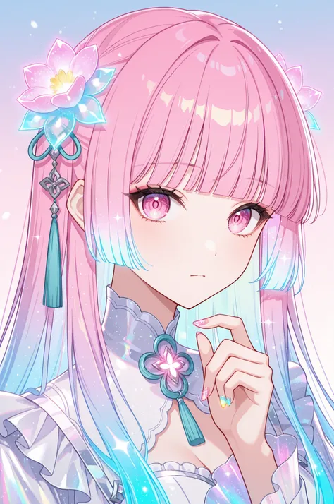 woman, solo, holofoil nails, looking at viewer, holographic, holofoil glitter, glowing, bangs, pink eyes, long hair, neon hair, glowing hair, hair ornament, hand up, flower, blunt bangs, closed mouth, tassel, ribbon, portrait, ethereal, pastel gradient bac...