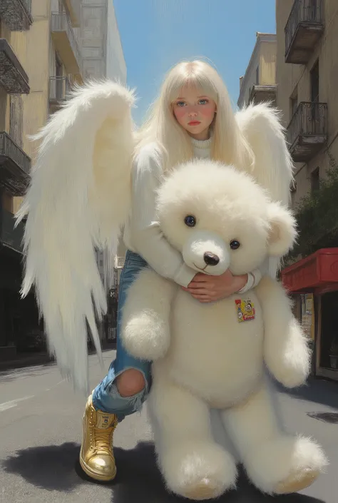 A whimsical soft digital painting, masterpiece, high quality, Oil Painting, Hyper-realistic, Low-angle urban portrait of a stylish tween angel with long white hair in the middle of a city street. She is wearing metalic gold high-top sneakers adidas, ripped...