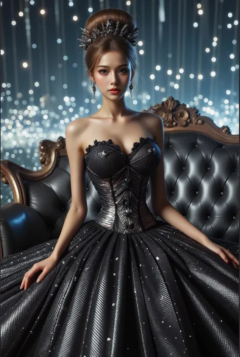 A beautiful Asian idol girl with white skin, douyin-style makeup face, eyelashes, With fake giant breasts, blue eyes, wearing a tight strapless dress that presses the breasts, with a sexy and slim body, a small waist, glass effect on the dress, sitting in ...