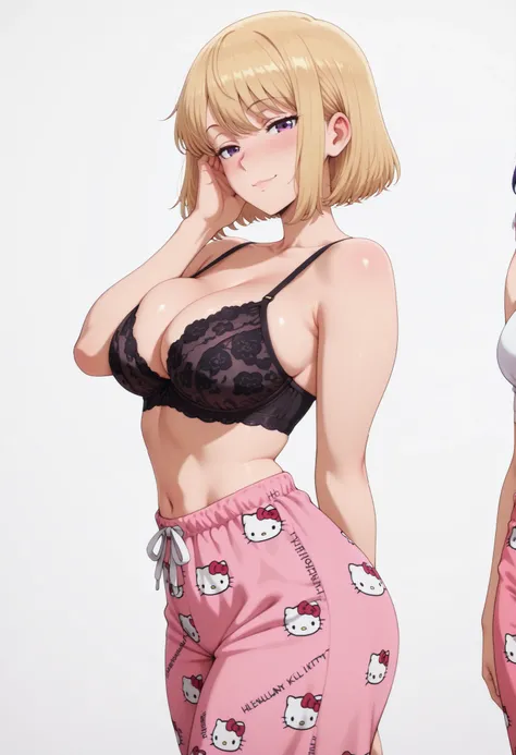 masterpiece, best quality, amazing quality, 1girl, solo, looking at viewer, blushing,, mature girl,side view, light smile, seductive, short hair, blonde hair, purple eyes, , ,bubble breasts, seductive twist, exaggerated voluptuous figure with impossibly la...