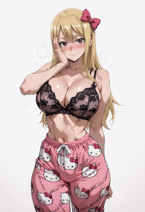 score_9, score_8_up, score_7_up, source_anime,  lucy heartfilia, long hair, blonde hair, large breasts, brown eyes,,, hair ribbon,, blush, drunk,, , looking at viewer,, , solo,, large breasts, big ass, thick thigs, wide hips, slim waist, mature body, sweat...