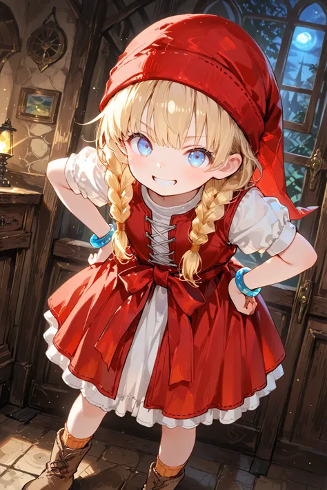 masterpiece,perfect anatomy,high resolution, ultra-detailed,beautiful detailed eyes,dutch angle,absurdres,8k,game cg,1girl,solo,loli,child,veronica dq11,blonde hair, twin braids,puffy, blue eyes, red headwear, red dress, white sleeves, short sleeves,waist ...