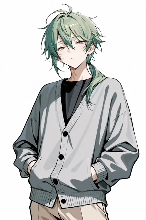 (masterpiece、Highest Quality、high resolution、white background)Cowboy Shot、solo shot、20 years old、 male、 youth、medium green hair、LOW PONYTAIL、hair over shoulder、bangs between eyes、narrowed eyes、gray eyes、black t-shirt、gray cardigan、beige pants、hands in pock...