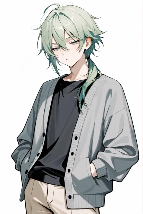 (masterpiece、Highest Quality、high resolution、white background)Cowboy Shot、solo shot、20 years old、 male、 youth、medium green hair、LOW PONYTAIL、hair over shoulder、bangs between eyes、narrowed eyes、gray eyes、black t-shirt、gray cardigan、beige pants、hands in pock...