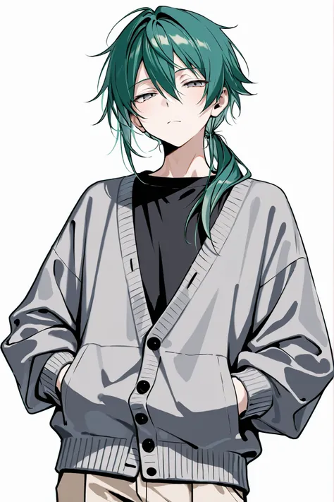 (masterpiece、Highest Quality、high resolution、white background)Cowboy Shot、solo shot、20 years old、 male、 youth、medium green hair、LOW PONYTAIL、hair over shoulder、bangs between eyes、narrowed eyes、gray eyes、black t-shirt、gray cardigan、beige pants、hands in pock...