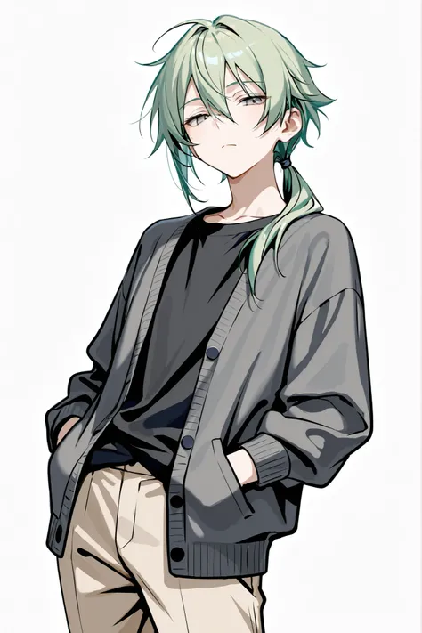 (masterpiece、Highest Quality、high resolution、white background)Cowboy Shot、solo shot、20 years old、 male、 youth、medium green hair、LOW PONYTAIL、hair over shoulder、bangs between eyes、narrowed eyes、gray eyes、black t-shirt、open gray cardigan、beige pants、hands in...