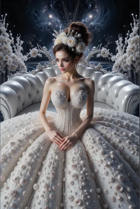 A beautiful Asian idol girl with white skin, douyin-style makeup face, eyelashes, With fake giant breasts, blue eyes, wearing a tight strapless dress that presses the breasts, with a sexy and slim body, a small waist, glass effect on the dress, sitting in ...