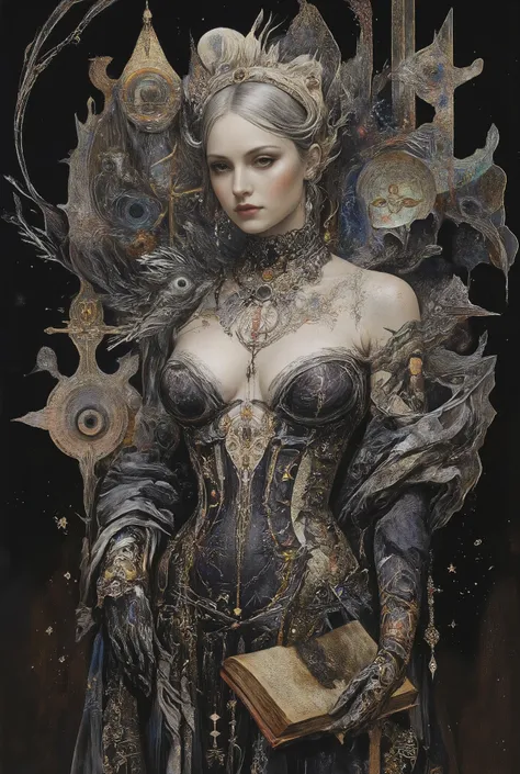 Surreal Painting, An extravagant, petite buut hourglass shaped mysterious female figure dressed in intricately embroidered black and white finely cut seductive attire that hides nothing about her perfectly made voluptuos and statuesque form that recalls t...