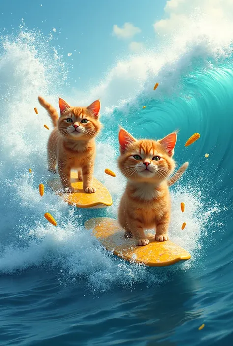 Two cats riding waves with corn