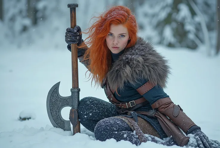 araffe woman 17 yo in cosplay sitting in the snow with a axe, very beautiful female barbarian, a very beautiful berserker woman, female barbarian, redhead queen in heavy red armor, amouranth, barbarian warrior woman, amouranth as a super villain, glamourou...