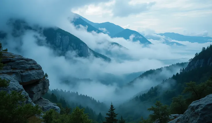 The Appalachian Mountains with swirling mist, ultra-realistic 8K resolution.