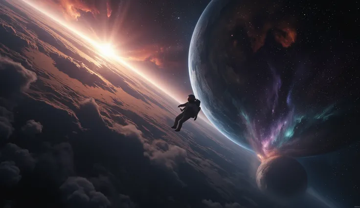 A lone astronaut drifts silently through the vastness of deep space, surrounded by a sea of stars, glowing nebulae, and distant galaxies. Below them, a swirling gas giant looms with rich, stormy colors — crimson, indigo, and silver. Wisps of cosmic dust an...