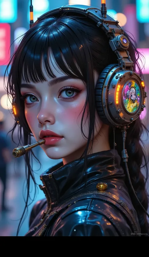 Digital photography, photorealistic, portrait of a beautiful cyber girl (Kibo Beauty) wearing massive futuristic cyber-headphones with antennas and a retractable microphone. Neon elements and glowing lights on the headphones, a dynamic digital display on h...
