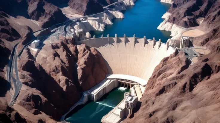 high-definition images、Nevada、Hoover Dam、Image taken from above、dammed the Colorado River、Lake Made was formed from stored water、fish at Lake Maid, jet ski, wait. You can、Spectacular dam exterior、