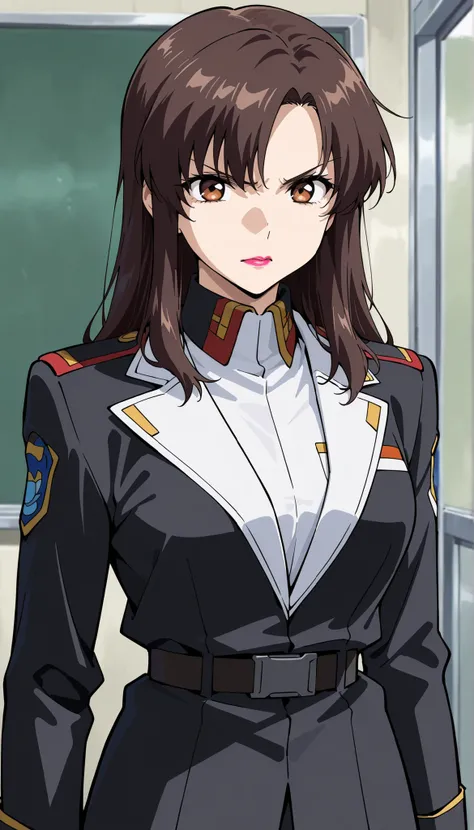 masterpiece, Highest Quality, AMAZING QUALITY, 1girl, solo, brown eyes, long hair, Lipstick, white shirt, black jacket, uniform, angry, very aesthetic, absurd, Super Detailed, high resolution, 4K