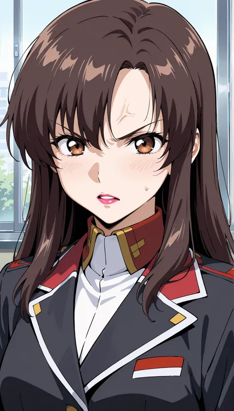 masterpiece, Highest Quality, AMAZING QUALITY, 1girl, solo, brown eyes, long hair, Lipstick, white shirt, black jacket, uniform, angry, very aesthetic, absurd, Super Detailed, high resolution, 4K