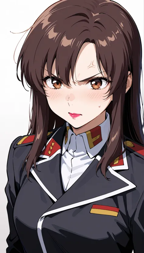 masterpiece, Highest Quality, AMAZING QUALITY, 1girl, solo, brown eyes, long hair, Lipstick, white shirt, black jacket, uniform, angry, very aesthetic, absurd, Super Detailed, high resolution, 4K
