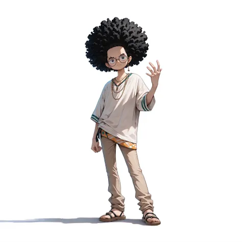 (male), (teenage boy), (afro hairstyle), (black hair), (round glasses), (no beard), ((solo), (single character), (full body version), (white background), (no background), (highly detailed), (shadow), (standing pose), (natural light), (detailed outfit), (de...