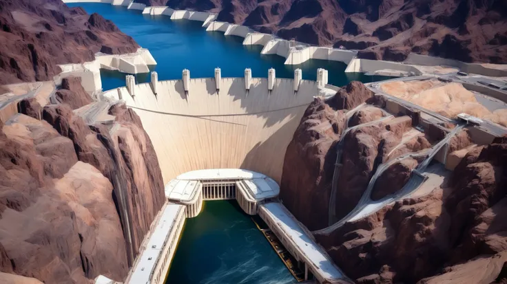 high-definition images、Nevada、The huge Hoover Dam、Image taken from above、dammed the Colorado River、Lake Made was formed from stored water、fish at Lake Maid, jet ski, wait. You can、Spectacular dam exterior、mega structure,
