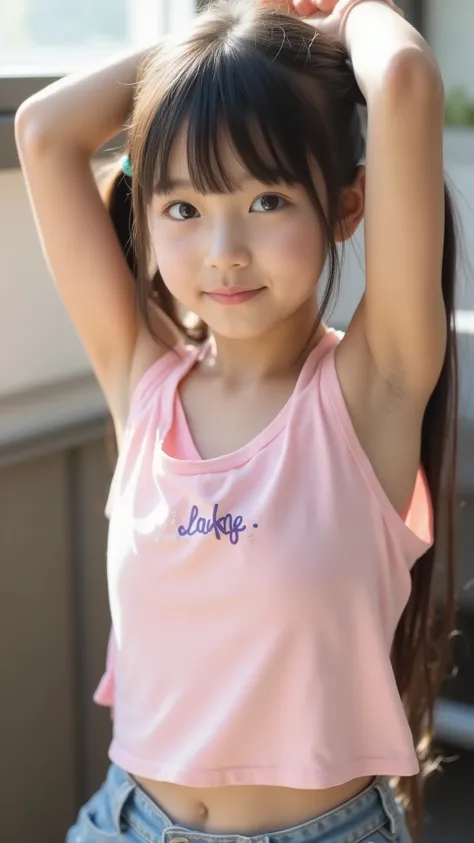 big eyes、black hair long twin tail that is backlit and looks beautiful through、世界一cute中学生、 crosses her arms and arms above her head 、 show me your eyes 、big eyes、smile,( She's a Middle School Student 、There are:1.8),(8k, Ori...