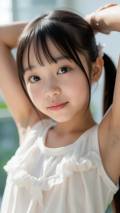big eyes、black hair long twin tail that is backlit and looks beautiful through、世界一cute中学生、    crosses her arms and arms above her head     、 show me your eyes  、big eyes、smile,(           She's a Middle School Student               、There are:1.8),(8k, Ori...