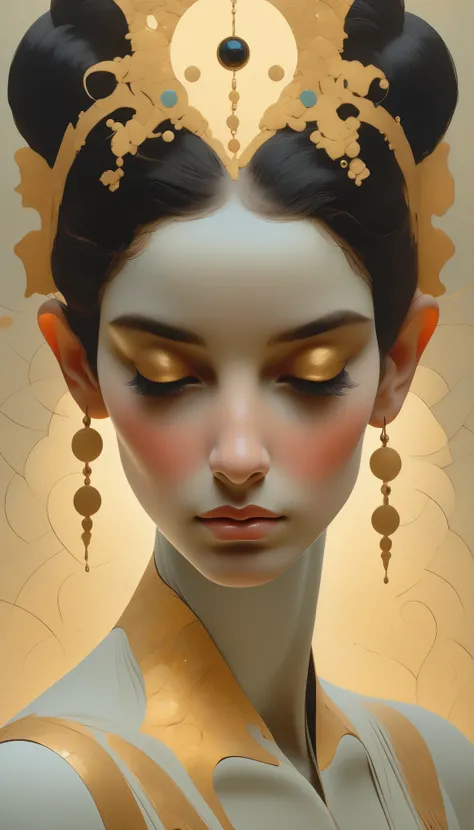 An elegant, humanoid figure with a smooth, porcelain-like surface, radiating beauty from another world. The figure's face is serene, its eyes gently closed, conveying a sense of peace and introspection. Delicate, vein-like patterns of gold and dark marble ...