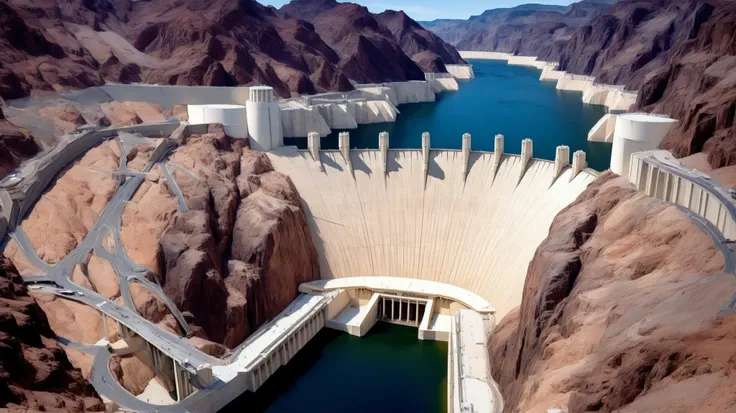 high-definition images、Nevada、The huge Hoover Dam、Image taken from above、dammed the Colorado River、Lake Made was formed from stored water、fish at Lake Maid, jet ski, wait. You can、Spectacular dam exterior、mega structure,