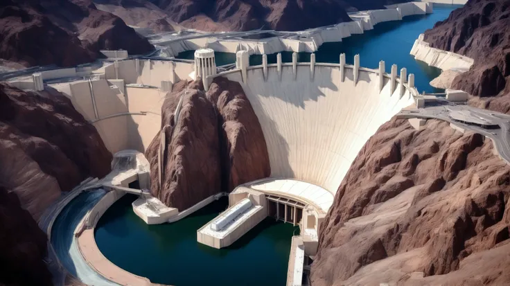 high-definition images、Nevada、The huge Hoover Dam、Image taken from above、dammed the Colorado River、Lake Made was formed from stored water、fish at Lake Maid, jet ski, wait. You can、Spectacular dam exterior、mega structure,