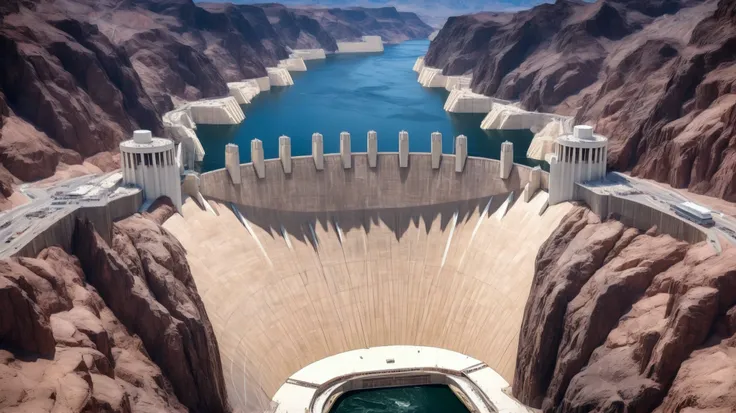 high-definition images、Nevada、The huge Hoover Dam、Image taken from above、dammed the Colorado River、Lake Made was formed from stored water、fish at Lake Maid, jet ski, wait. You can、Spectacular dam exterior、mega structure,