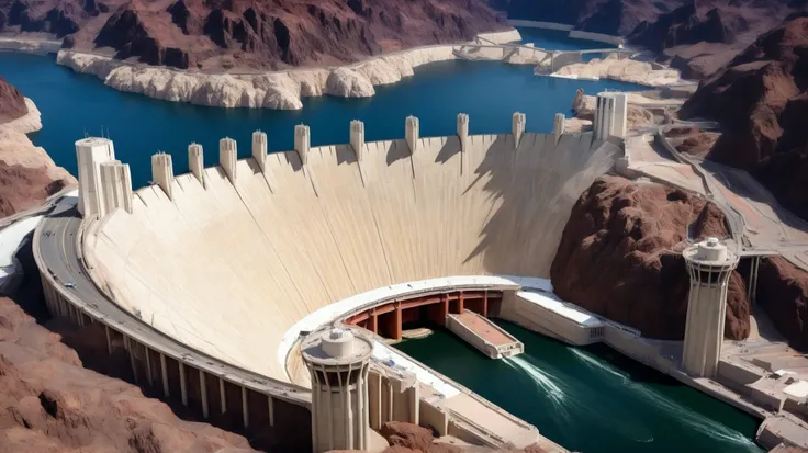 high-definition images、Nevada、The huge Hoover Dam、Image taken from above、dammed the Colorado River、Lake Made was formed from stored water、fish at Lake Maid, jet ski, wait. You can、Spectacular dam exterior、mega structure,