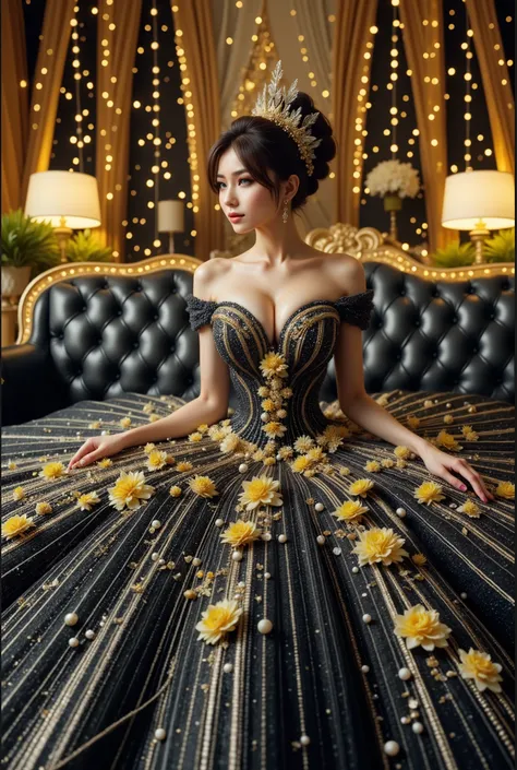 A beautiful Asian idol girl with white skin, douyin-style makeup face, eyelashes, With fake giant breasts, blue eyes, wearing a tight strapless dress that presses the breasts, with a sexy and slim body, a small waist, sitting in space, UHD, luxurious dress...