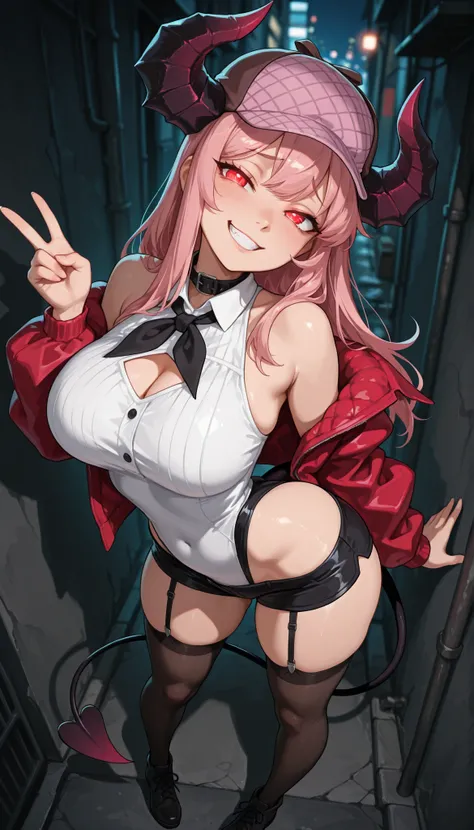 masterpiece, best quality, amazing quality, 4k, very aesthetic, high resolution, ultra-detailed, absurdres, newest, scenery, 1girl, solo, demon girl, pink hair, long hair, sidelocks, (purple deerstalker, big demon horns:1.3), raised inner eyebrows, red eye...