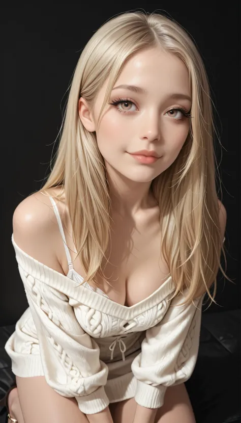 masterpiece,very detailed,Realistic,written depth,Highest Quality,Clear Focus,Calm Lighting,1girl,Long Eye Lashes,Light-colored hair,Blonde,long straight hair,Japanese Gal,Gal,light brown eyes,Thick Lips,small smile,kneel,Off Shoulder Knit Dress,Black Back...