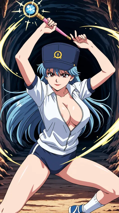 1990's high quality anime style, Zulbon holding a magic wand and taking a fighting pose, one woman, blue hair, blue hat with a yellow mark, long hair, serious expression, smiling, red lips, large breasts, upper body is wearing a tight-looking white gym uni...