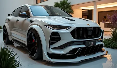 side front view of painted white with shiny clour 2025 Porsche Cayenne GTS Coupe lama sleek in large shape SUV in large size with Porsche Cayenne GTS Coupe lama logo on its large detailed grille in shiny black clour with angular sporty design captured from...