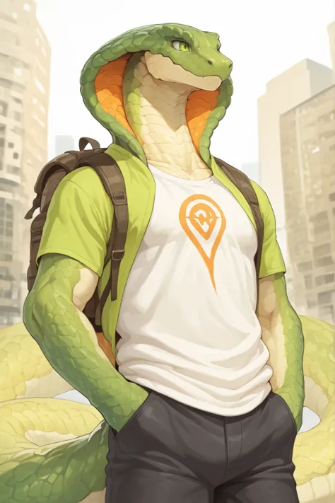 4g1typ3,scales,scalie,anthropomorphic, humanoid snake, yong adult, Male, Green Scales with orange details, snake hood, Green Eyes, long tail, green striped tshirt, black jeans, brow backpack, city Background