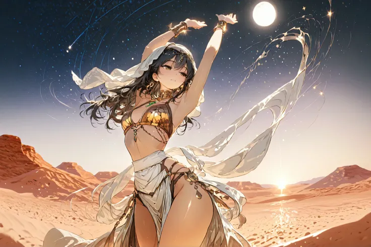 masterpiece, best quality, solo, 1girl, elegant desert dancer, flowing costume with sheer fabric and golden ornaments, veil fluttering, warm bronze skin tone, long dark hair, expressive brown eyes, graceful pose with both arms raised above head, downcast g...