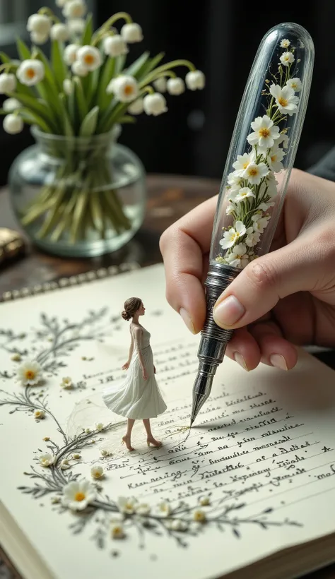 macro photography, a transparent 3d fountain pen with tiny lilies of the valley inside in a person's hand, flowing in intricate thin threads from the tip of the pen, a 3d projection of a long train of a dress, an image of a beautiful miniature romantic wom...