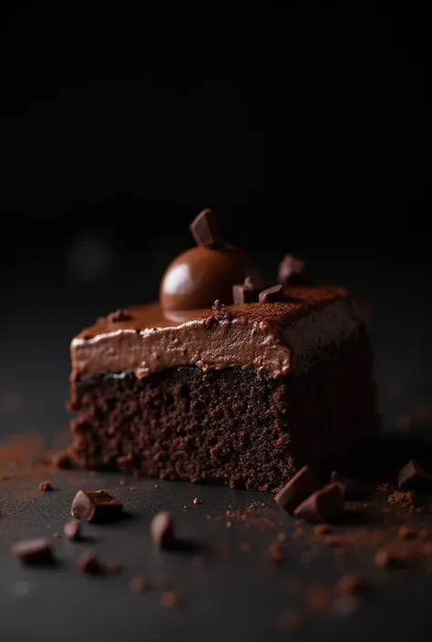 cinematic film still chocolate, chocolate cake, dark background, quality photo, moist texture, frosting, studio photo, slice . shallow depth of field, vignette, highly detailed, high budget, bokeh, cinemascope, moody, epic, gorgeous, film grain, grainy