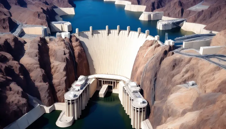 high-definition images、Nevada、The huge Hoover Dam、Image taken from above、dammed the Colorado River、Lake Made was formed from stored water、fish at Lake Maid, jet ski, wait. You can、Spectacular dam exterior、mega structure,