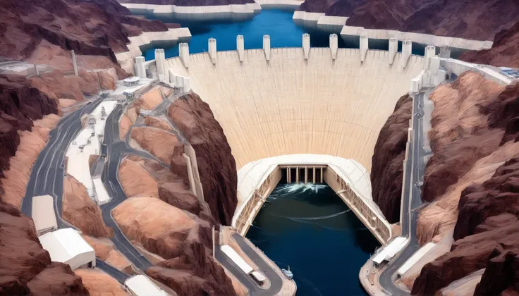 high-definition images、Nevada、The huge Hoover Dam、Image taken from above、dammed the Colorado River、Lake Made was formed from stored water、fish at Lake Maid, jet ski, wait. You can、Spectacular dam exterior、mega structure,