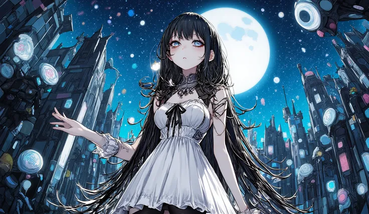 A gothic anime girl with long black hair, standing in a moonlit graveyard, surrounded by black roses, pale glowing skin, elegant gothic dress, soft sorrowful expression, upper body portrait, highly detailed, dramatic lighting