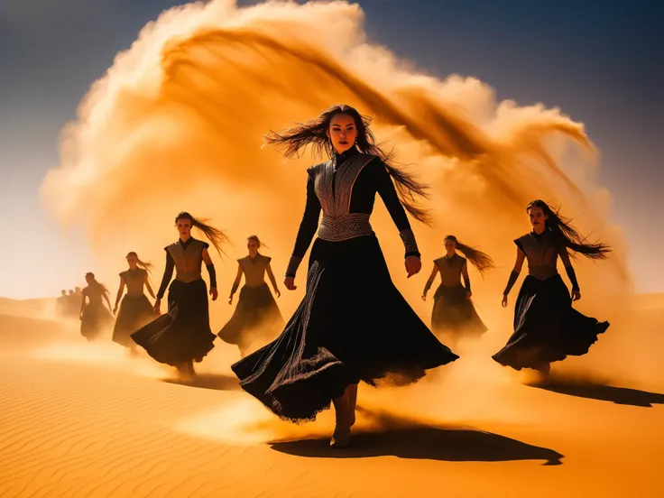 A vast desert landscape under a blazing sky, golden dunes stretching to the horizon. Across the crest of a dune, a full troupe of Irish step dancers performs in perfect Riverdance formation. Dozens of dancers in traditional costumes — dark dresses with Cel...