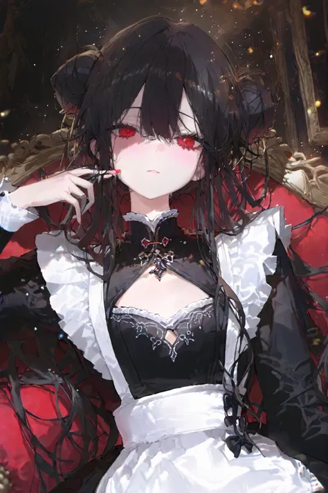red eyes, raised eyes, smilling,
Black wavy hair, some curling, long hair, dark black hair, long eyelashes, looking at viewer
small chest, focus chest, maid clothes, double bun hair, dress,
Perfect Eyes  ,semi-realism art , semi-realism art style, looking ...